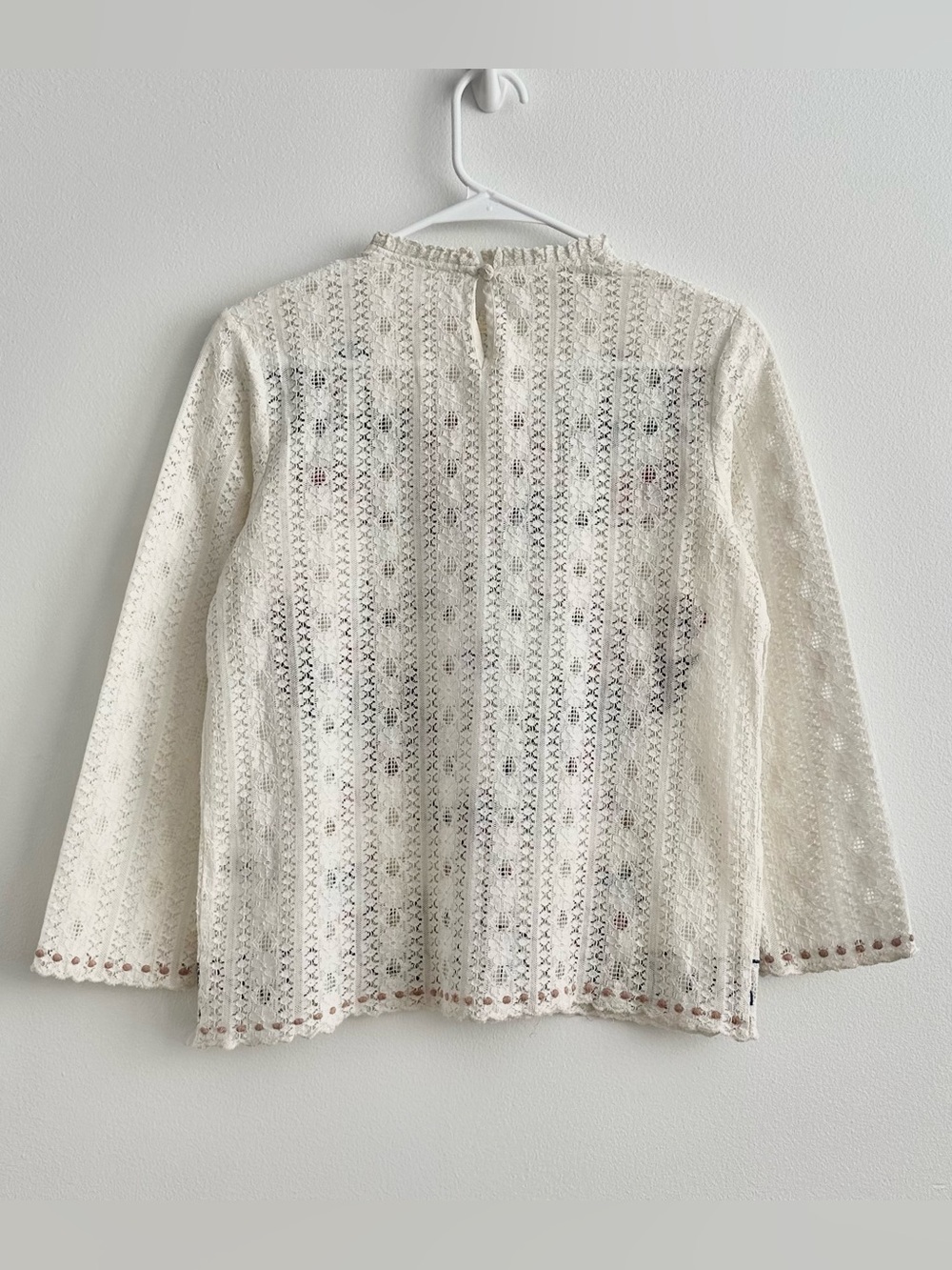 Sezane Garance Floral Embroidered Pointelle Cotton Crew Neck 3/4 Sleeve Blouse - Picture 2 of 5